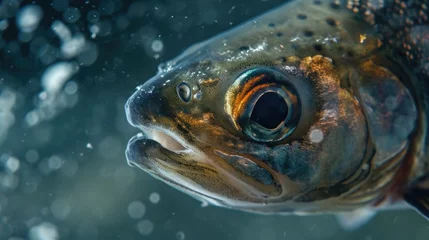 Foto op Canvas Closeup of the alienlike eyes of an arctic char piercing through the icy depths and seemingly reflecting the iridescent glimmer of the ice above © Justlight