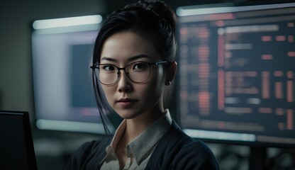 portrait of asian businesswoman looking at computer screen in office
