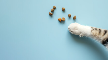 Top view of cat paw reaching dry pet food on blue background with copy space for text