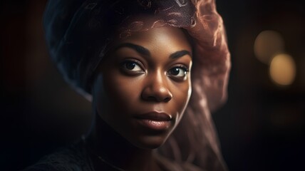 Portrait of a beautiful african american woman in turban - obrazy, fototapety, plakaty