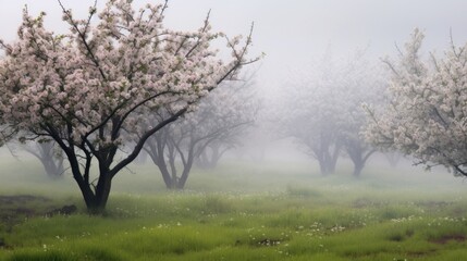 The fog embraces the apple trees, shrouding their colorful blooms in a soft, muted light.