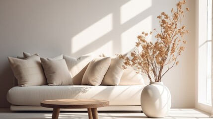 Fototapeta na wymiar A Minimalist interior design of a modern living room, sofa and stump pillows, in a room with morning sunlight streaming through the window.