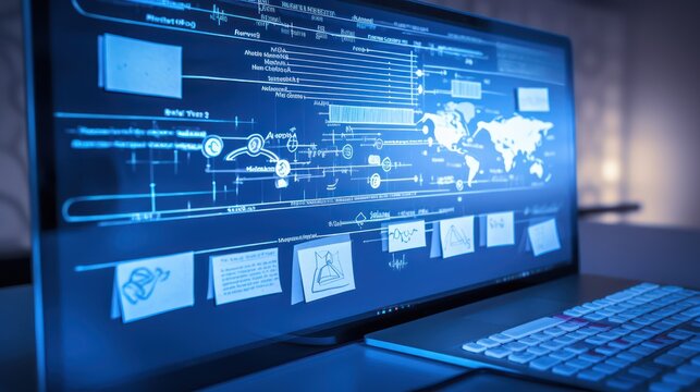 Agile software development lean project management tool, digital marleting infographic internet network connection, photo, on a blue background.