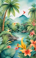 Fototapeta na wymiar Watercolor tropical summer paradise scene with river, leaves. flowers, and birds. Generative AI 
