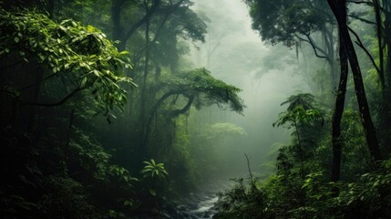 Fototapeta premium The fog thickens as the day goes on, enveloping the rainforest in a cloak of mystery and distance, making it feel both alluring and intimidating at the same time.