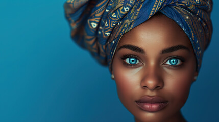 Portrait of a person a beautiful black skin woman with blue eyes wearing african turban on dark background with copy space for text