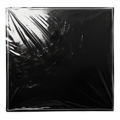 Black vinyl record album cover wrapped in transparent plastic  isolated on white background - obrazy, fototapety, plakaty