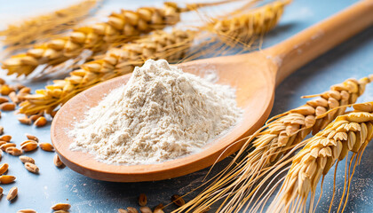 Ears of wheat and flour in the wooden spoon on the table. High quality photo - obrazy, fototapety, plakaty
