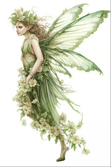 Beautiful green forest fairy with large, delicate wings, long hair, and surrounded by flowers, invoking classic fantasy and folklore