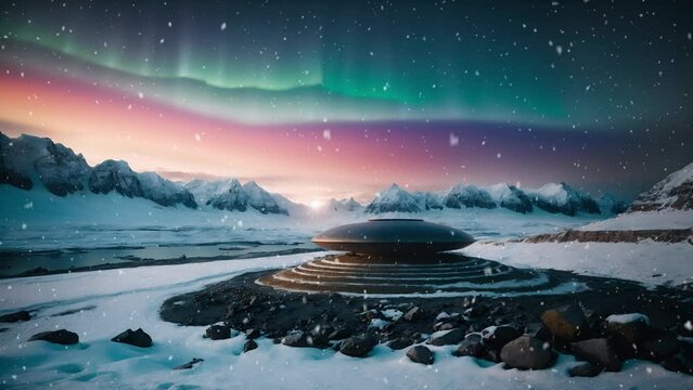 UFO, Alien Station, Winter, Snow, Landscape Scenery, Nature Ambience, Outdoor, Snowfall, Snow Falling, Loop Video 4K Background
