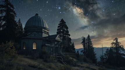 Obraz premium An abandoned observatory, its telescope trained towards the vast expanse of the night sky, abandoned by its human inhabitants but still full of wonder and mystery.
