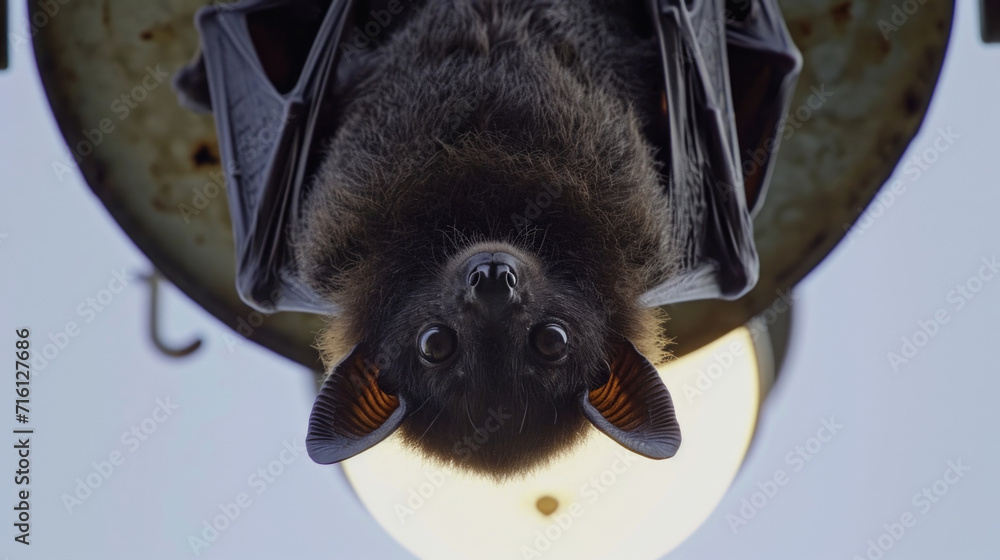 Poster closeup of a bat hanging upside down from a street lamp its eyes glittering in the bright light as i
