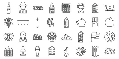 Vienna icons set outline vector. Austria architecture. City history opera - obrazy, fototapety, plakaty