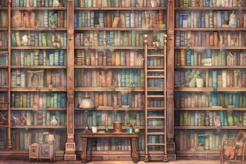 Classic bookshelf watercolor animation background. Generative AI