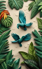 Tropical leaves on top with flying parrots. The background is textured plaster, Generative AI 