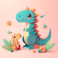 Naklejka premium The cute and lovely dinos paper art, craft, surrealism, 3D digital art, simple background. Generative AI.