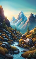 Beautiful mountains landscape. Nature background.  illustration for backdrops, banners, prints, posters, murals and wallpaper design, Generative AI 