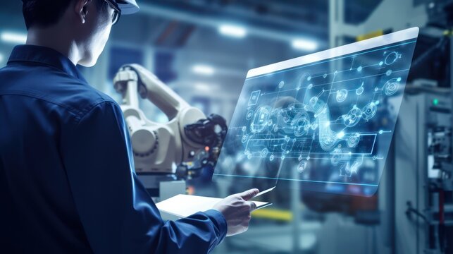 A Industry engineer in factory using digital tablet with automated robot arm machine learning operation infographic system control monitoring on a blue background.
