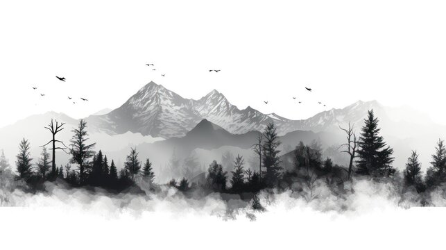 A Black and white mountain range, landscape, tree symbols, stencil vector illustration.