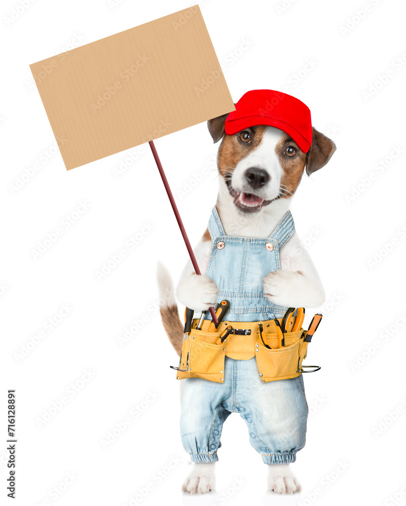 Aufkleber funny jack russell terrier puppy wearing red cap and denim overalls with tool belt holds adjustable 