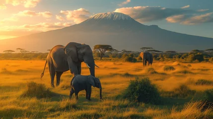Türaufkleber Kilimandscharo Elephant and calf in the savannah, background of mount kilimanjaro