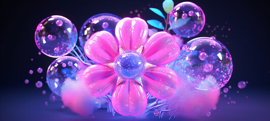 Simple Translucent Blow Up Flower: Minimal Inflatable Rubber Toy for Children, Vinyl Flower, Plastic Colorful Flower, Vibrant bubbly flower inside a bubble, 3D fantasy bubble with flower 