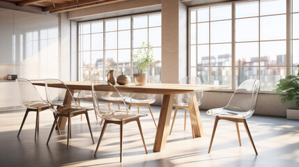 A Minimalist interior design of a modern Dining table and chairs in a clear loft with wooden beams in the dining room, a room with morning sunlight streaming through the window. - obrazy, fototapety, plakaty