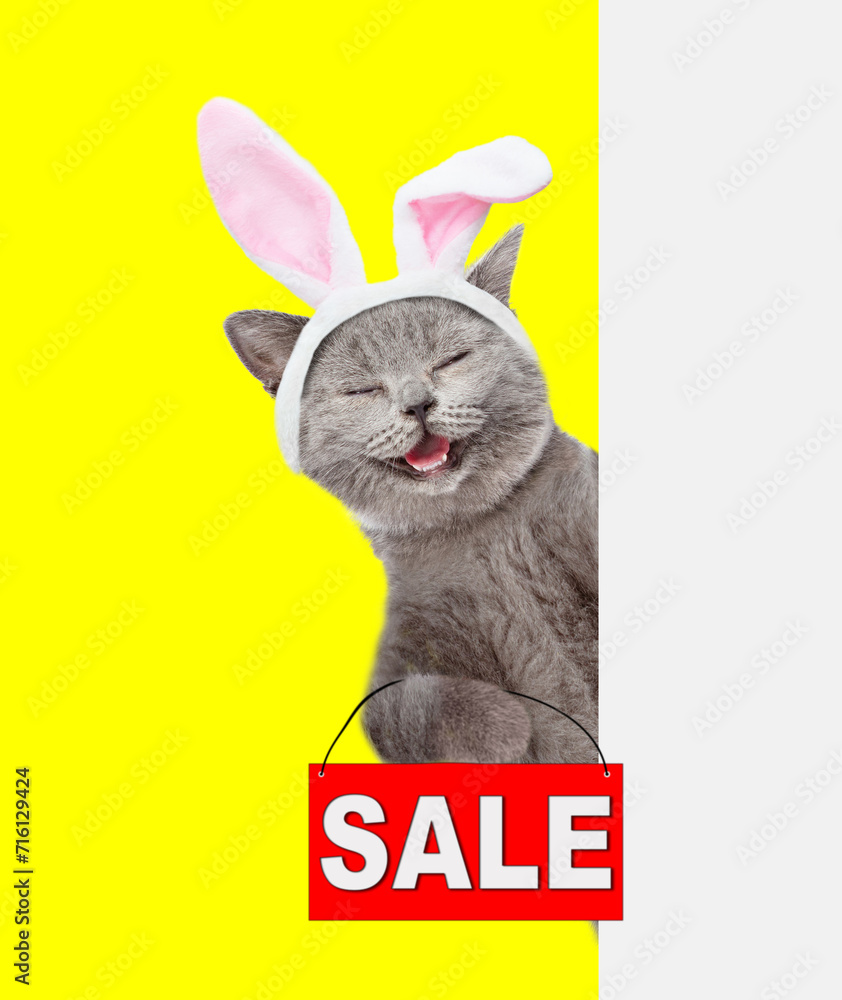 Poster happy cat wearing easter rabbits ears holds sales symbol behind empty white banner. isolated on whit
