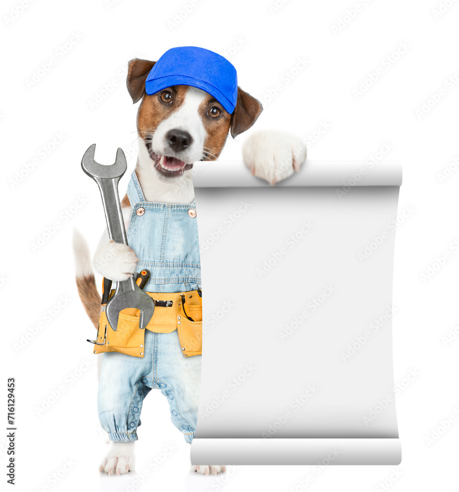 Poster funny jack russell terrier puppy wearing blue cap and denim overalls with tool belt shows empty list