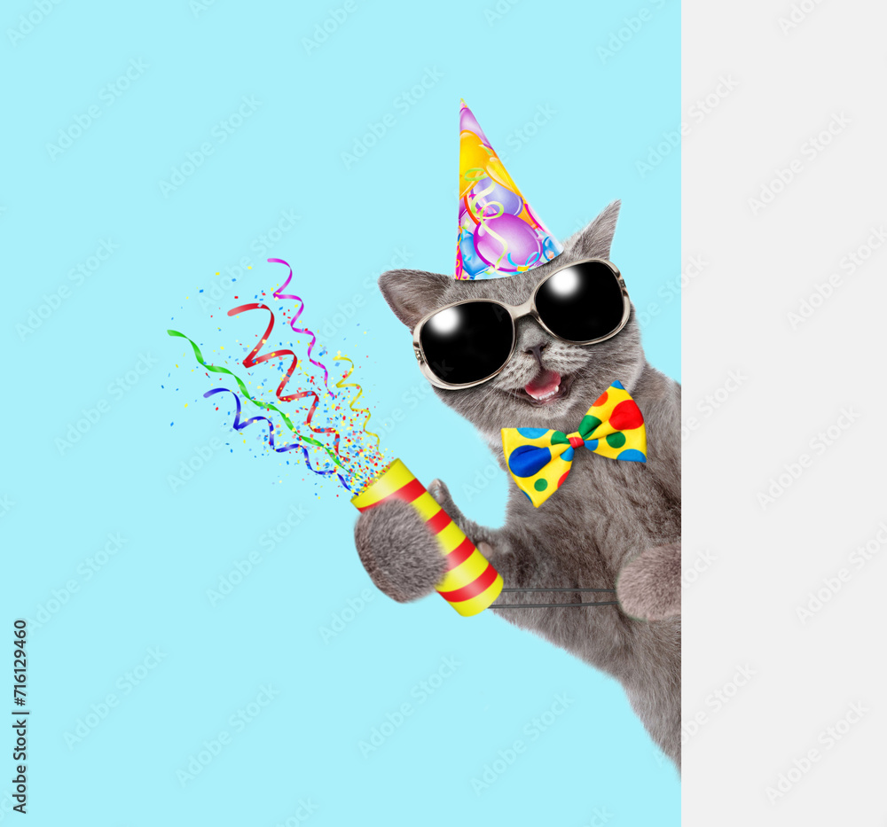 Aufkleber Happy cat wearing sunglasses and party cap holds exploding firecracker and looks from behind empty white banner. Isolated on blue background