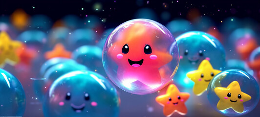 Whimsical Inflatable World: Cute Translucent Blow-Up Flower Stars and Bubbles in a Minimal Rubber Toy Setting pink star with cute eyes cute faced star pink bubbly star