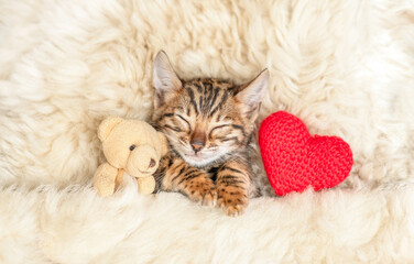 Cute bengal kitten lying with favorite toy bear and red heart under white warm blanket on a bed at home.Top down view