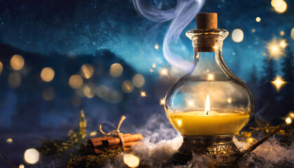 Pretty candle and flame in a bottle with cinnamon, in a nighttime scene with smoke, light, and bokeh effects, in a forest