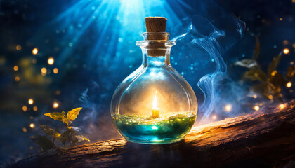 Enchanting candle and flame in a bottle, sitting on a log, in a nighttime scene with smoke, light, and bokeh effects, in a forest