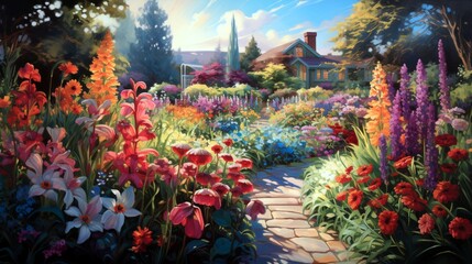 "Sun-Kissed Garden Bursting with Colorful Blooms, a Summer's Dream."