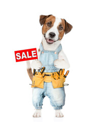 Funny puppy wearing denim overalls with tool belt shows signboard with labeled 