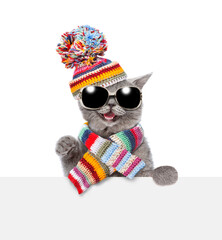 Fototapeta na wymiar Happy cat wearing sunglasses, knitted warm woolen scarf and hat with pompon looks above empty white board. isolated on white background