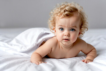 Cute serious baby with blond curly hair crawling on the bed