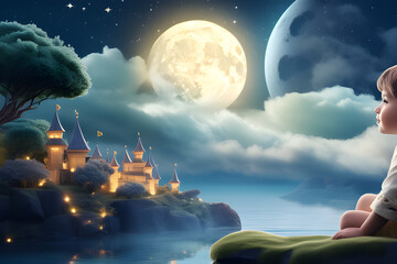Child in the Moonlight: Cute Moment to Look at the Moon in a World of Dreams and Fantasy generative ai
