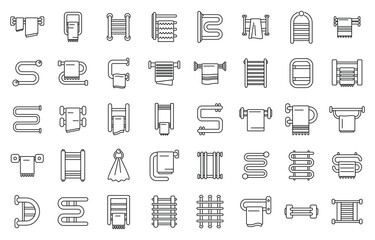 Towel dryer icons set outline vector. House spa interior. Water metal pipe - obrazy, fototapety, plakaty