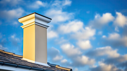 Obraz premium chimney on roof top of new house under construction on blue sky background