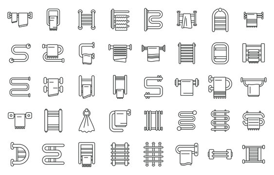 Towel dryer icons set outline vector. House spa interior. Water metal pipe