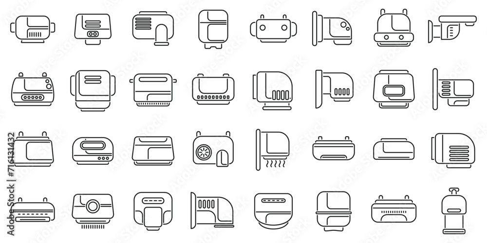 Sticker Hand dryer icons set outline vector. Washroom toilet. Bathroom machine box