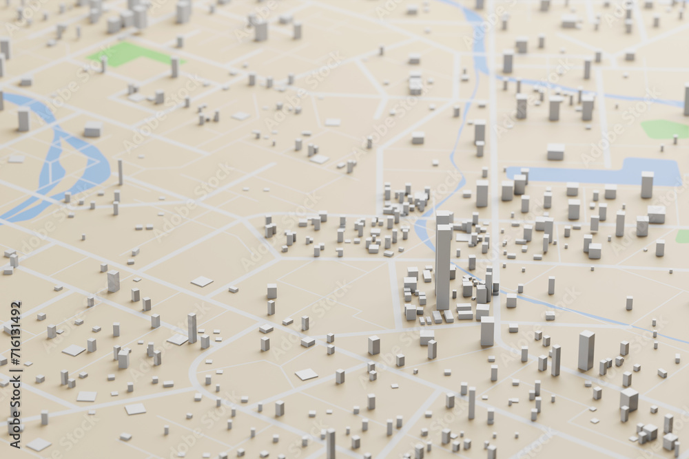 Poster 3d rendering city map illustration of a city map created using 3d modeling. top view of urban map wi