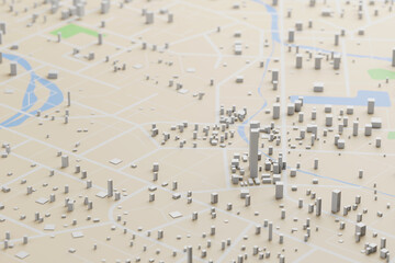 3D rendering city map illustration of a city map created using 3D modeling. Top view of Urban map with main road and sub road detailed representation of a city