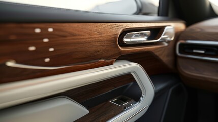 A detailed shot of the wood trim on the door handles showcasing the attention to detail in every aspect of the interior