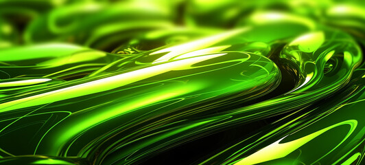 Abstract Chrome Glow: Lime Green Shapes Floating in Cosmic Space, Fluid Liquid Movement, Ai Illustration of Lightt Green Thick Waves Background