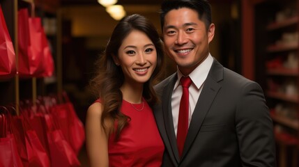 Cheerful Asian couple in formal wear with red lucky money envelopes and shopping bags.