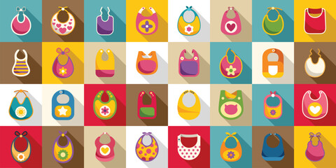 Bib icons set flat vector. Baby food kids. Family apron toddler