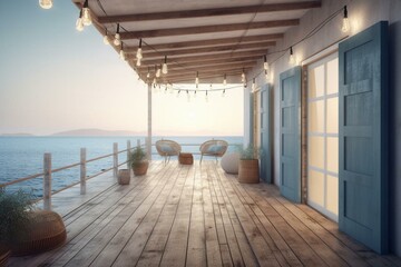 3D render of a wooden beach house terrace with old wooden floors, white plank walls, blue doors adorned with fabric, rattan furniture, string lights, and a view of the sea. Generative AI
